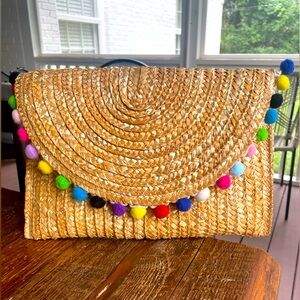Shiraleah natural carmelita straw Multicolor Pom Pom clutch